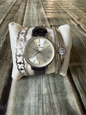 Daisy Fuentes Silver-Tone Watch and Bracelet Set with Black Strap